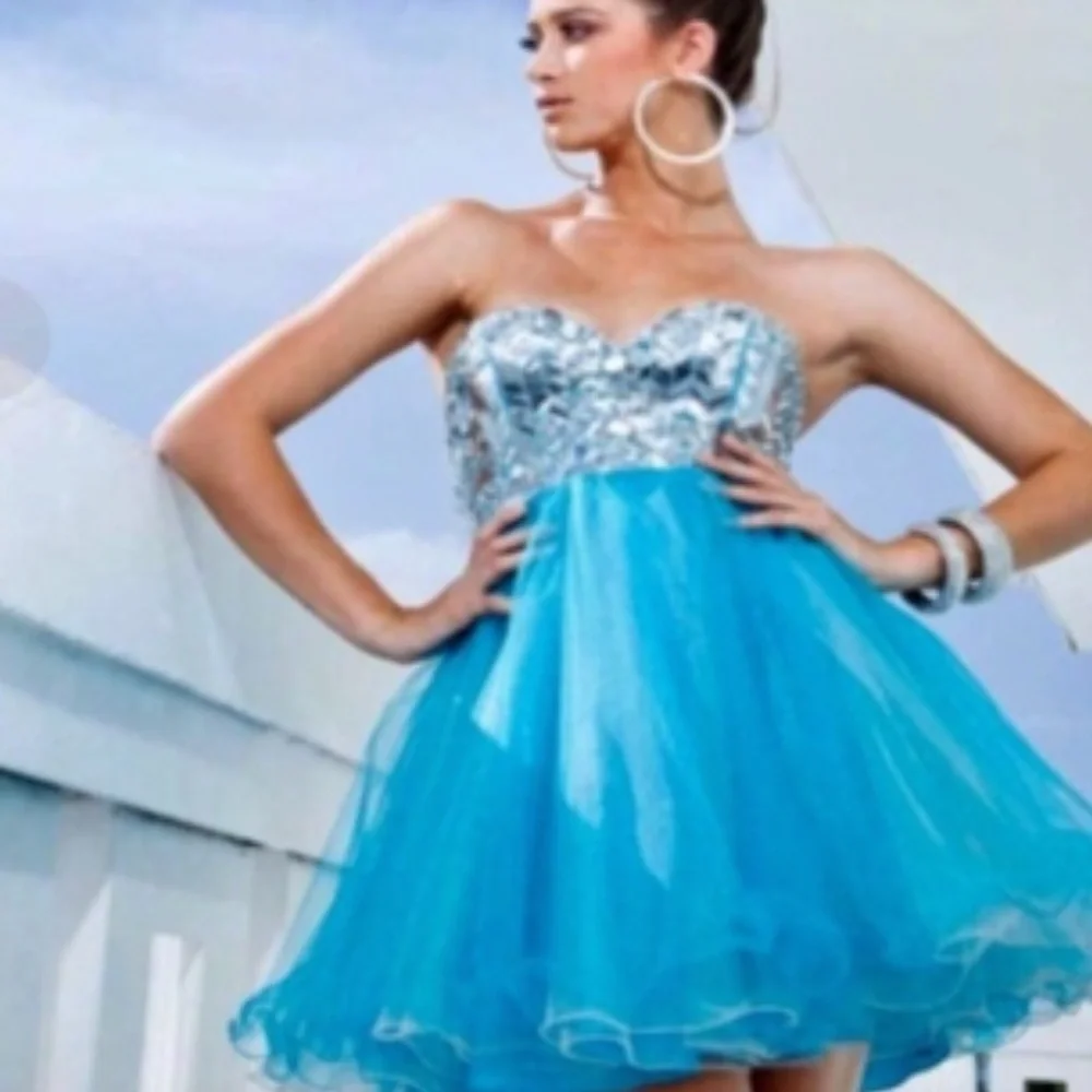 Tony Bowls Aqua Blue Formal Cocktail Prom Graduation Dress Mirrored Appliqué - Picture 1 of 16